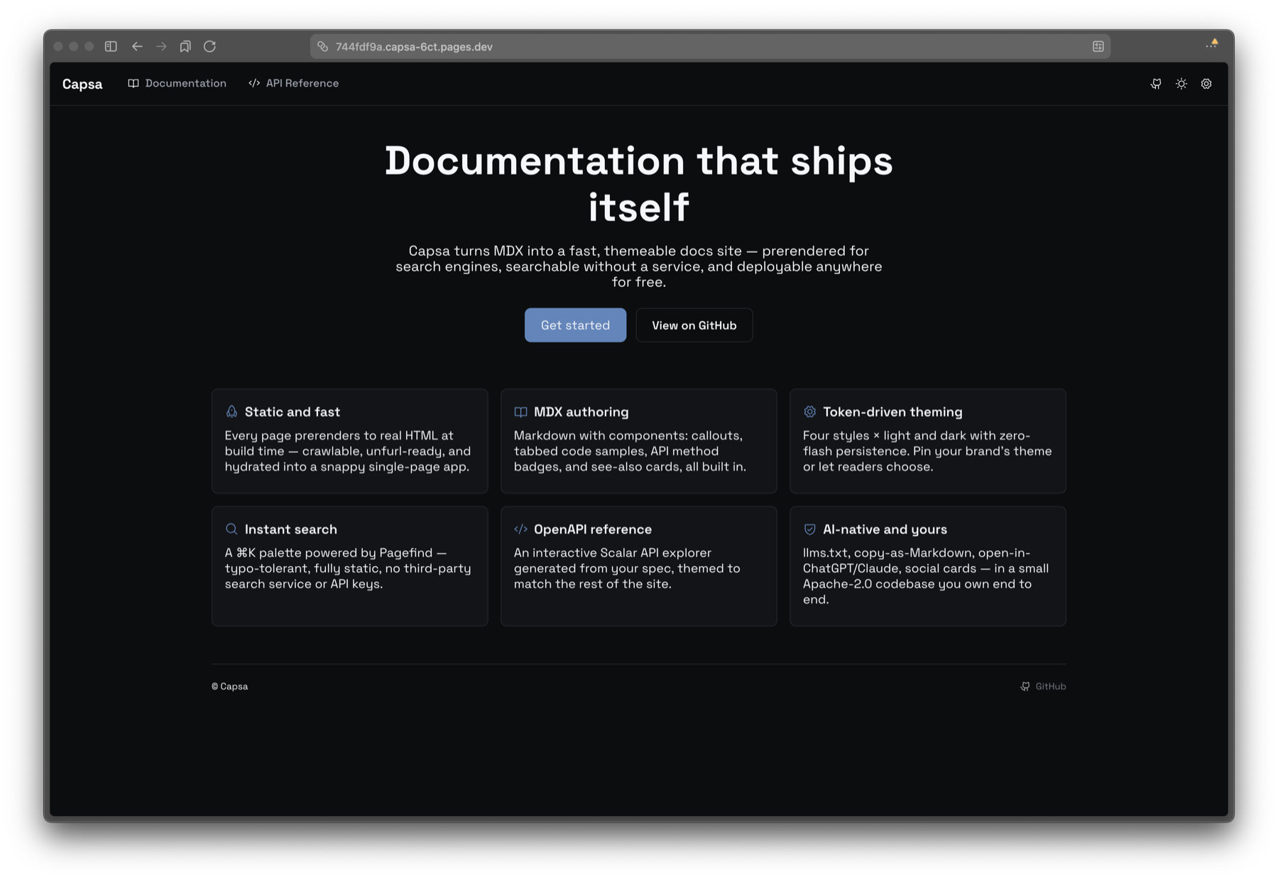 Capsa landing page — hero, feature grid, and call-to-action
